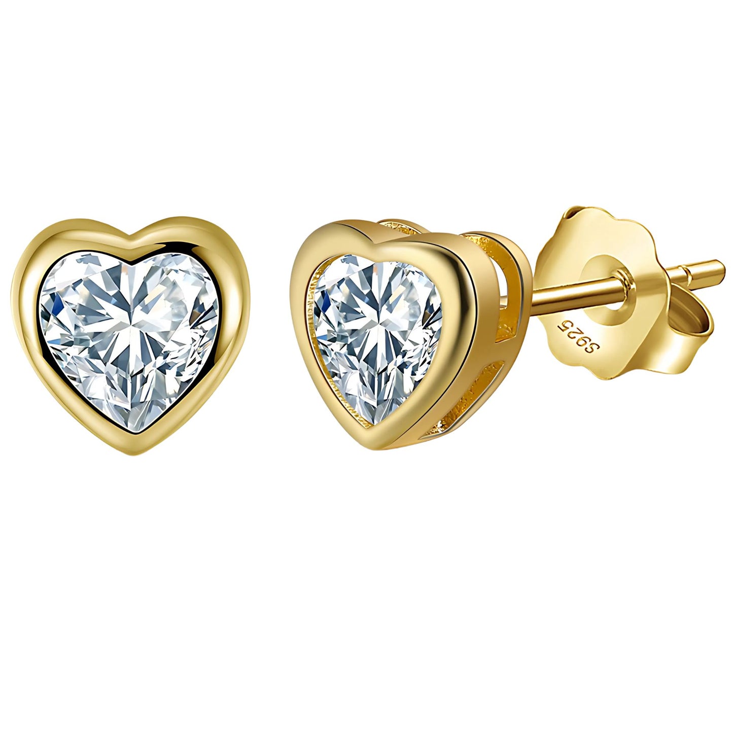 Heart Earrings for Women by Ginger Lyne Gold over Sterling Silver Stud Solitaire Cubic Zirconia