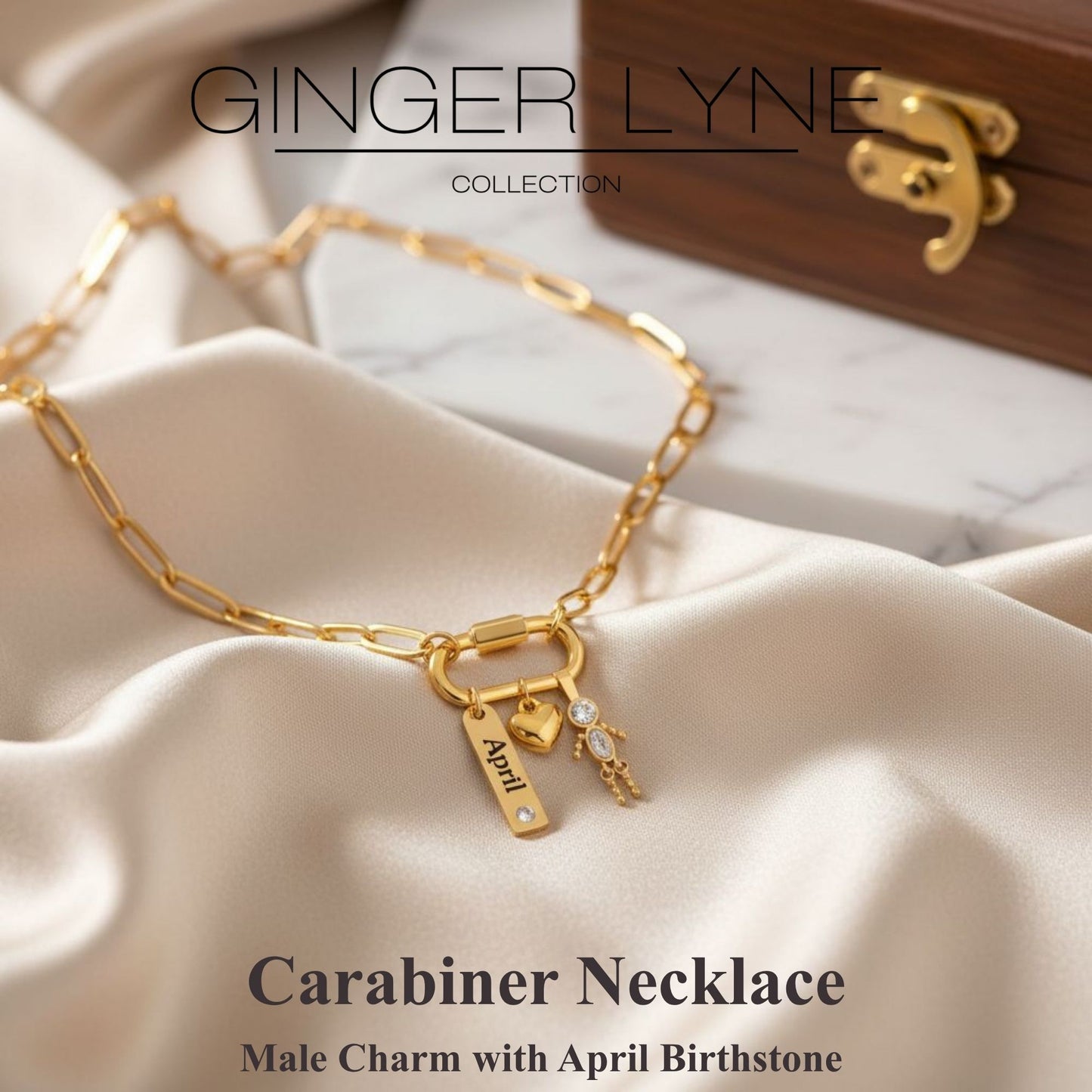 Carabiner Family Birthstone Necklace for Mom or Grandma by Ginger Lyne Stainless Steel CZ Birthday Charms_Male-April-Gold-2