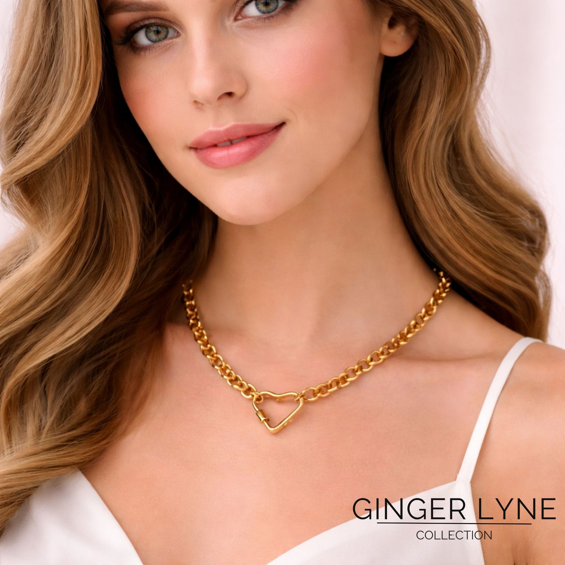 CarabinerCharmHolderNecklaceforWomenbyGingerLyneOChainSilverGoldPlatedStainlessSteel18-20"_Gold-OChain/HeartCH-4