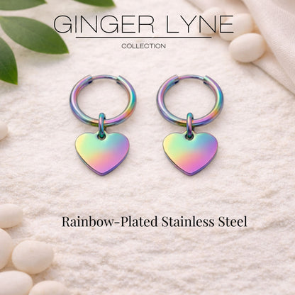 Thin Heart Charm Hoop Earrings by Ginger Lyne Stainless Steel for Lobe Cartilage Piercing Body Jewelry - Rainbow