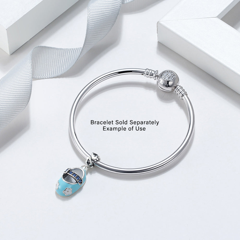Baby Shoe Charm European Style Blue or Pink Sterling Silver CZ Ginger Lyne Collection - Blue