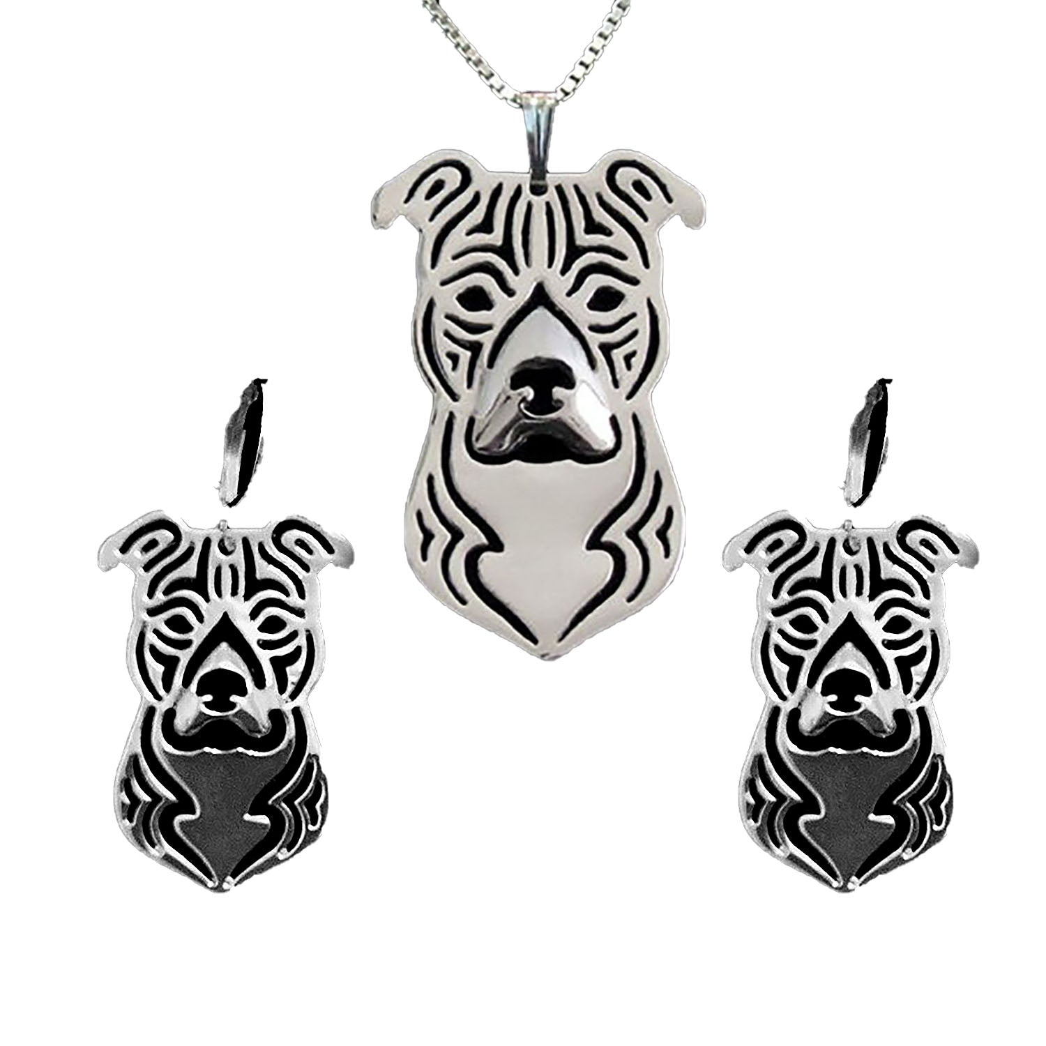 Pit Bull Staffordshire Dog Earrings Necklace Set Silver Womens Ginger Lyne Collection - Stafford Set