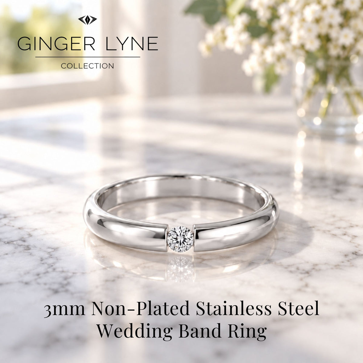 SilverToneWeddingBandRingforWomenorMen3mmStainlessSteelCZGingerLyneSize10_Silver-2