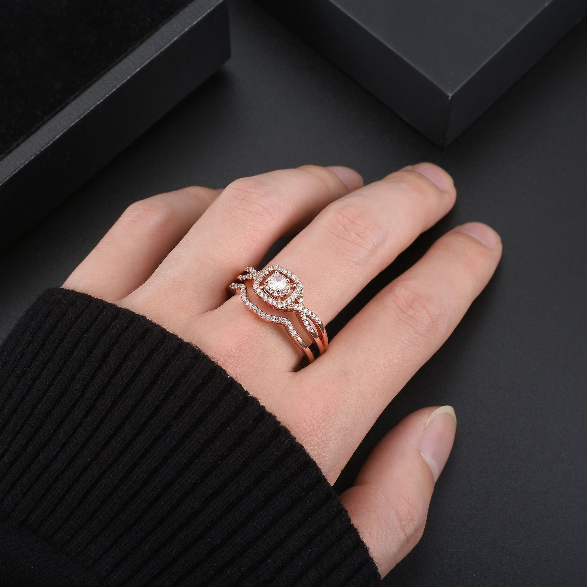 Sterling Silver Wedding Ring Set for Women Halo CZ Rose Gold Engagement Ring Ginger Lyne Collection