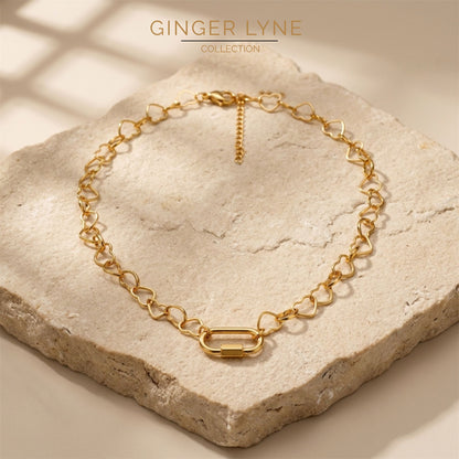 Carabiner Charm Holder Necklace for Women by Ginger Lyne Heart Link Chain 18KT Gold Plated Stainless Steel 18-20" - Gold-Heart Chain/Rect Sq CH