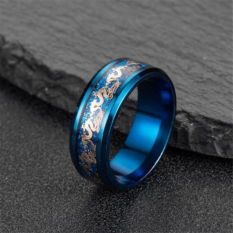 Dragon Wedding Band for Women or Men Black or Blue Stainless Steel Ring by Ginger Lyne Collection