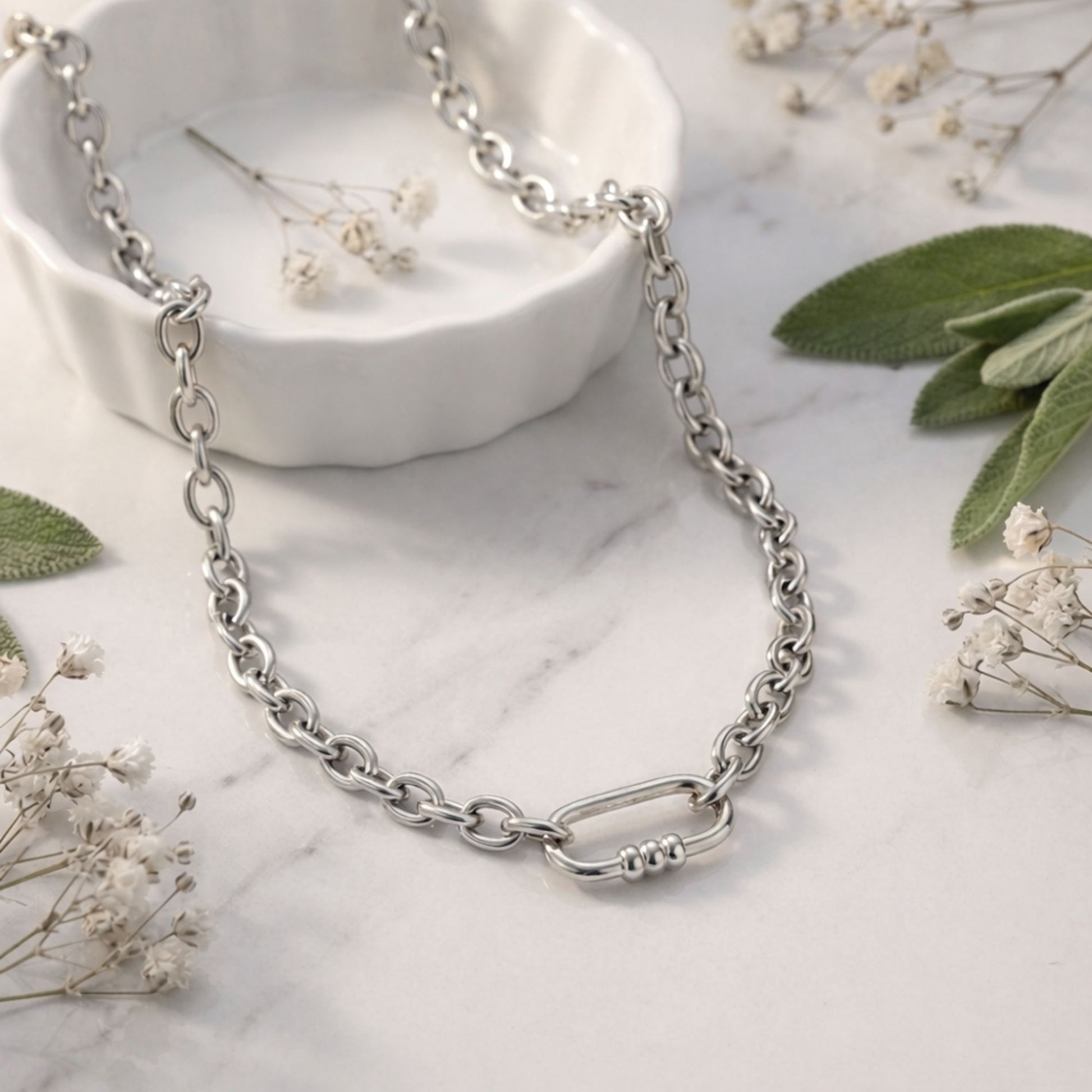Carabiner Charm Holder Necklace for Women by Ginger Lyne O Chain Silver Stainless Steel 18-20" - Silver-OChain/Rect 3 Bead CH