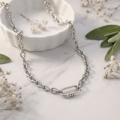 Carabiner Charm Holder Necklace for Women by Ginger Lyne O Chain Silver Stainless Steel 18-20" - Silver-OChain/Rect 3 Bead CH