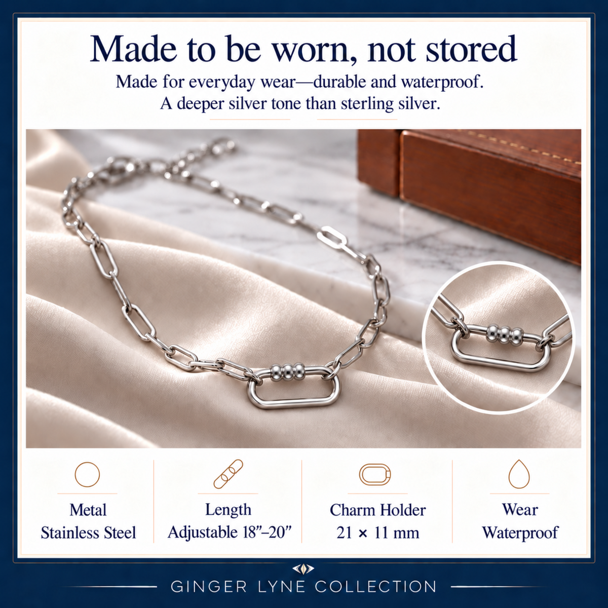 Silver Tone 3 Bead Screw Rectangle Carabiner Charm Holder Necklace Paperclip Chain 18-20 Inch Stainless Steel by Ginger Lyne - Silver-PaperclipChain/Rect 3 Bead CH