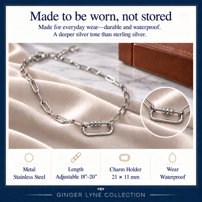 Silver Tone 3 Bead Screw Rectangle Carabiner Charm Holder Necklace Paperclip Chain 18-20 Inch Stainless Steel by Ginger Lyne - Silver-PaperclipChain/Rect 3 Bead CH