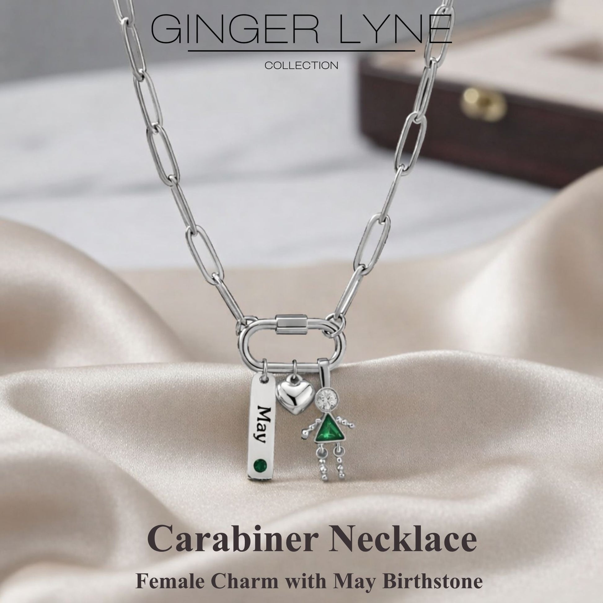 Carabiner Family Birthstone Necklace for Mom or Grandma by Ginger Lyne Stainless Steel CZ Birthday Charms_Female-May-Silver-2
