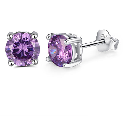 Round Purple Cubic Zirconia Sterling Silver Stud Earrings Women Ginger Lyne Collection - Purple