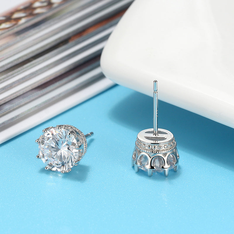 Crown Stud Earrings 8mm Round Cz Sterling Silver Womens by Ginger Lyne Collection - White Gold
