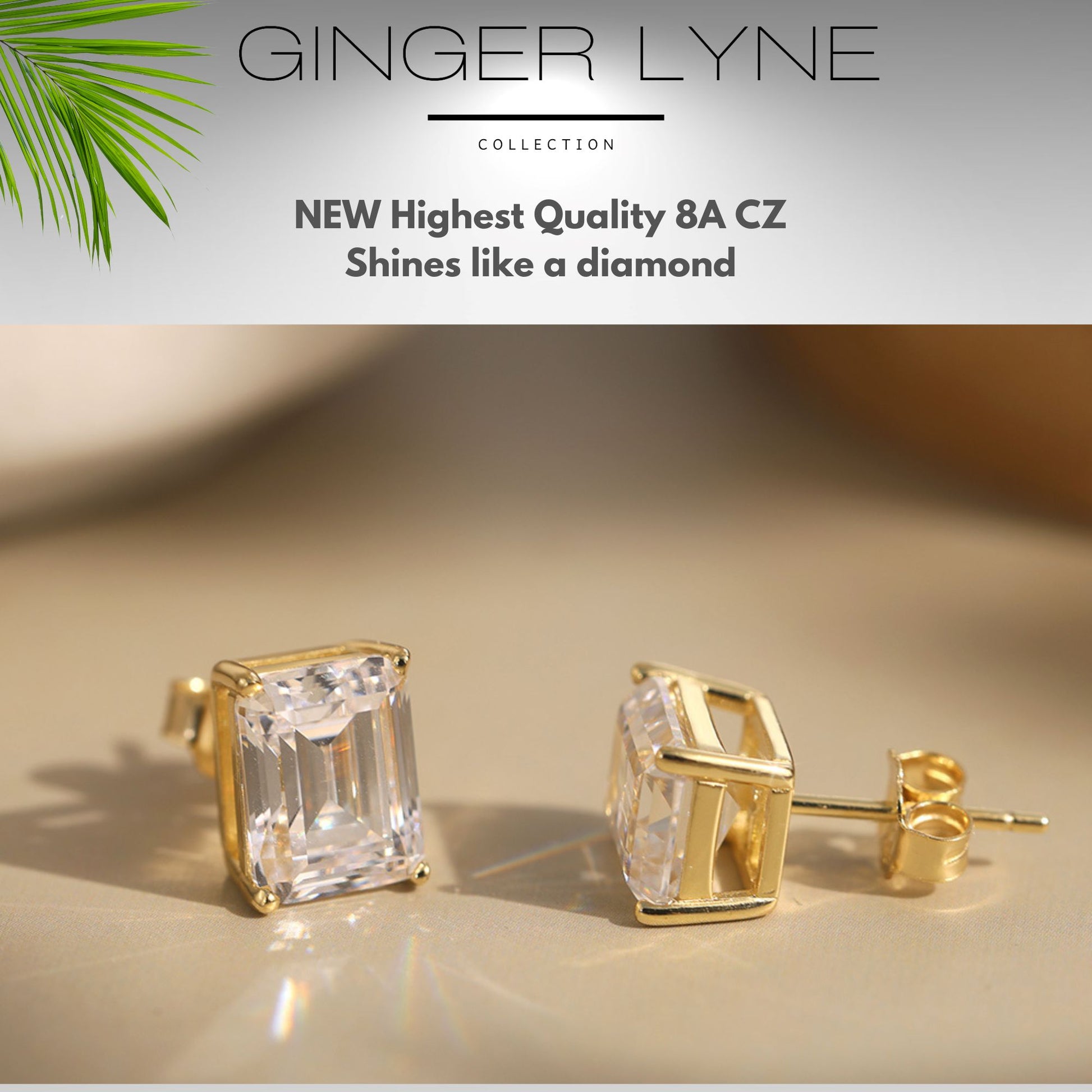 Emerald Cut Stud Earrings for Women 7.5 Ct Sterling Silver Studs for her Ginger Lyne Collection - Gold