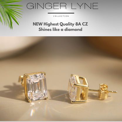 Emerald Cut Stud Earrings for Women 7.5 Ct Sterling Silver Studs for her Ginger Lyne Collection - Gold