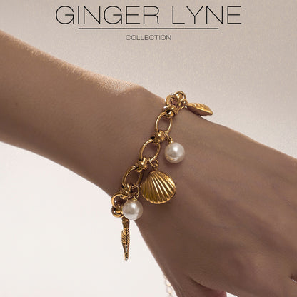 Seashell Charm Bracelet for Women by Ginger Lyne Gold Plated Stainless Steel Pearls Starfish and Shells - Gold
