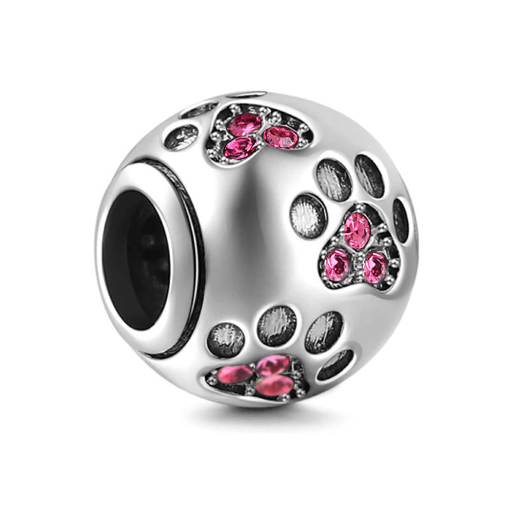 Dog Puppy Paw Print Charm European Bead Pink CZ Sterling Silver Ginger Lyne Collection