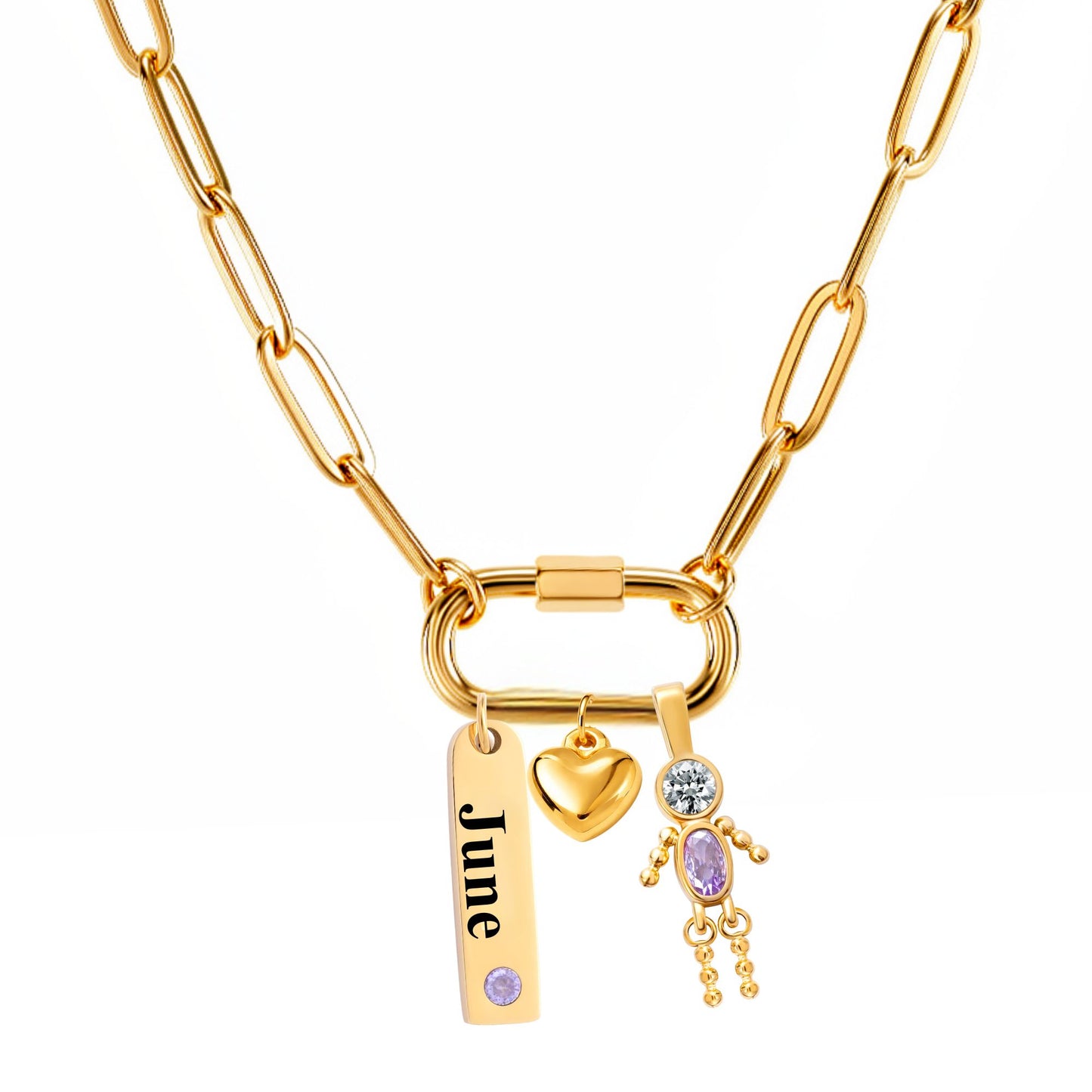 CarabinerFamilyBirthstoneNecklaceforMomorGrandmabyGingerLyneStainlessSteelCZBirthdayCharms_Male-June-Gold-1