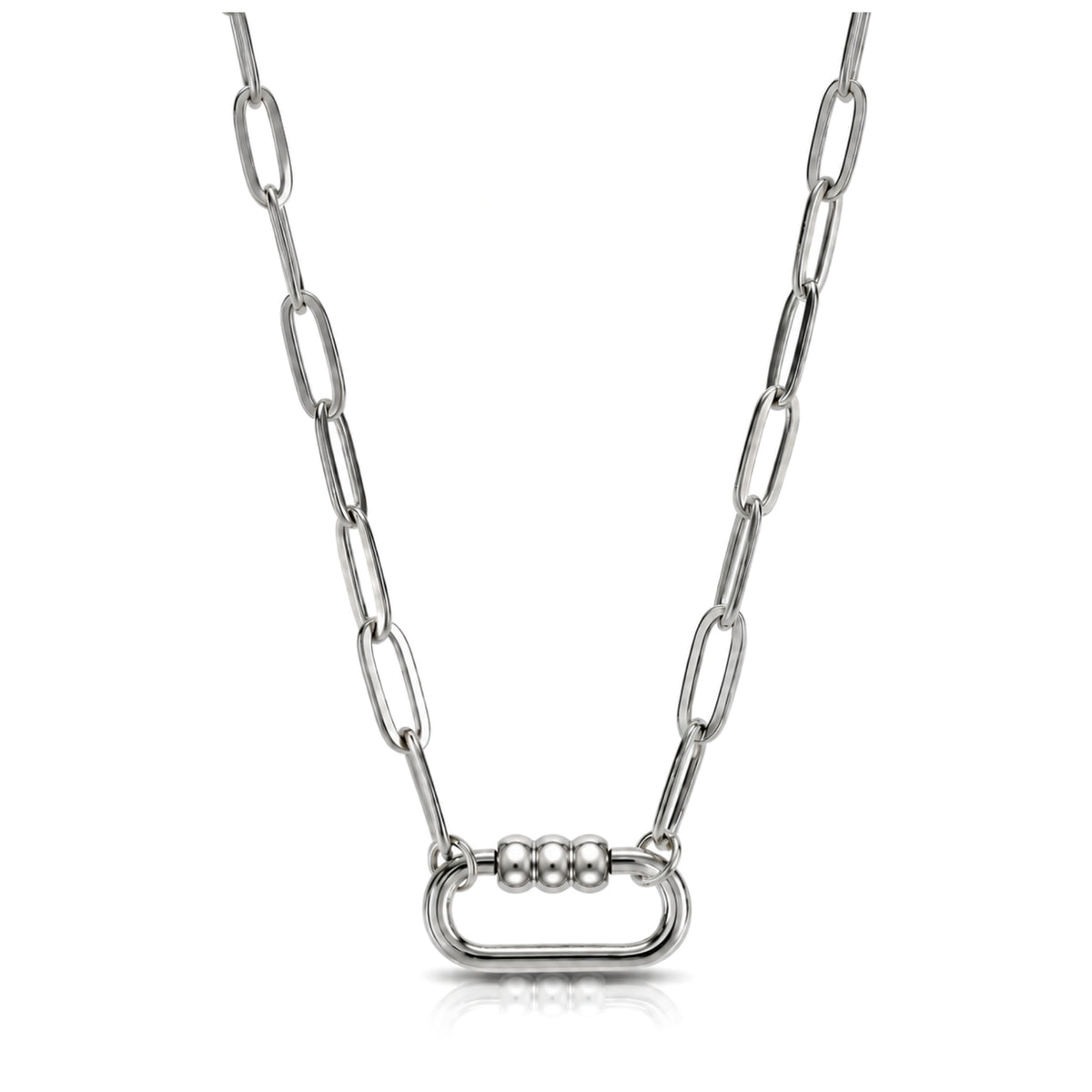 Silver Tone 3 Bead Screw Rectangle Carabiner Charm Holder Necklace Paperclip Chain 18-20 Inch Stainless Steel by Ginger Lyne - Silver-PaperclipChain/Rect 3 Bead CH