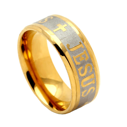 Jesus Cross Wedding Band Ring for Women or Men Gold over Stainless Steel by Ginger Lyne Collection