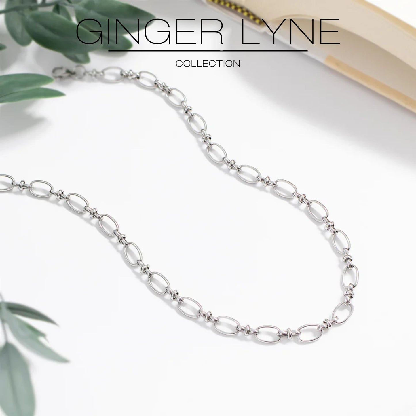 Oval Link Circle Chain Necklace for Women 18KT Gold Plated Stainless Steel 16"-18" Ginger Lyne Collection - Silver-Tone
