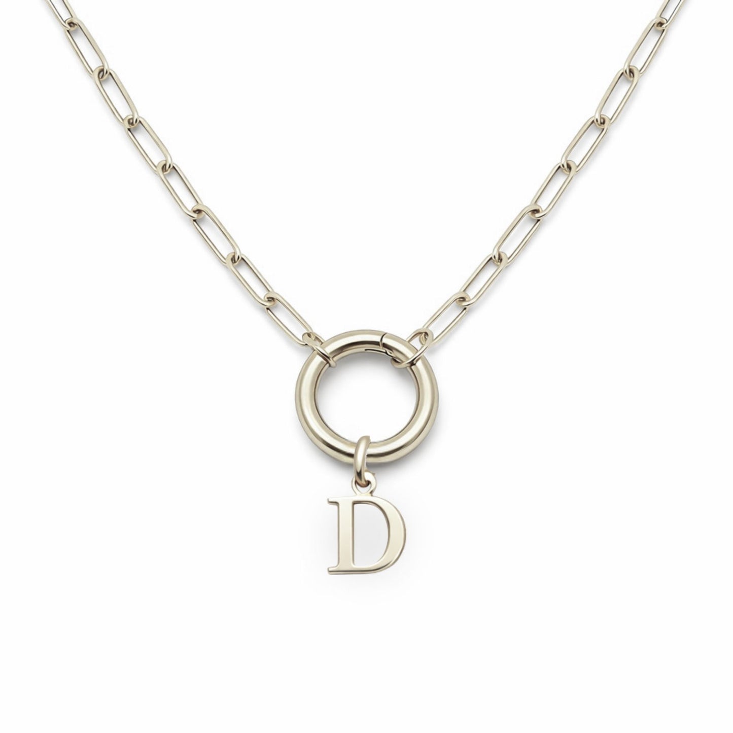 PaperclipLinkCircleCarabinerIntialLetterCharmHolderNecklaceforWomenStainlessSteel20"GingerLyne_Silver-D-1