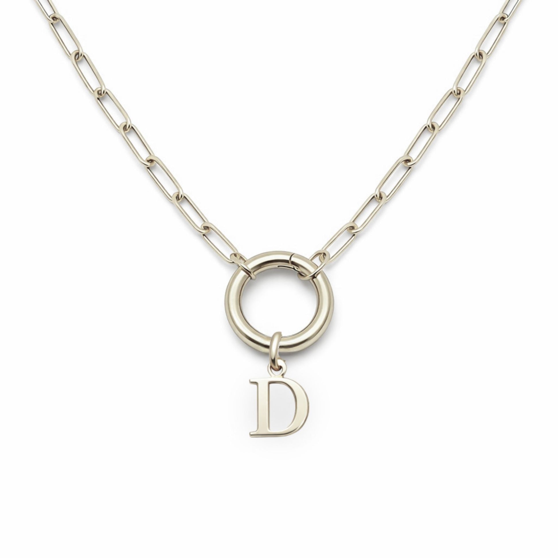 PaperclipLinkCircleCarabinerIntialLetterCharmHolderNecklaceforWomenStainlessSteel20"GingerLyne_Silver-D-1
