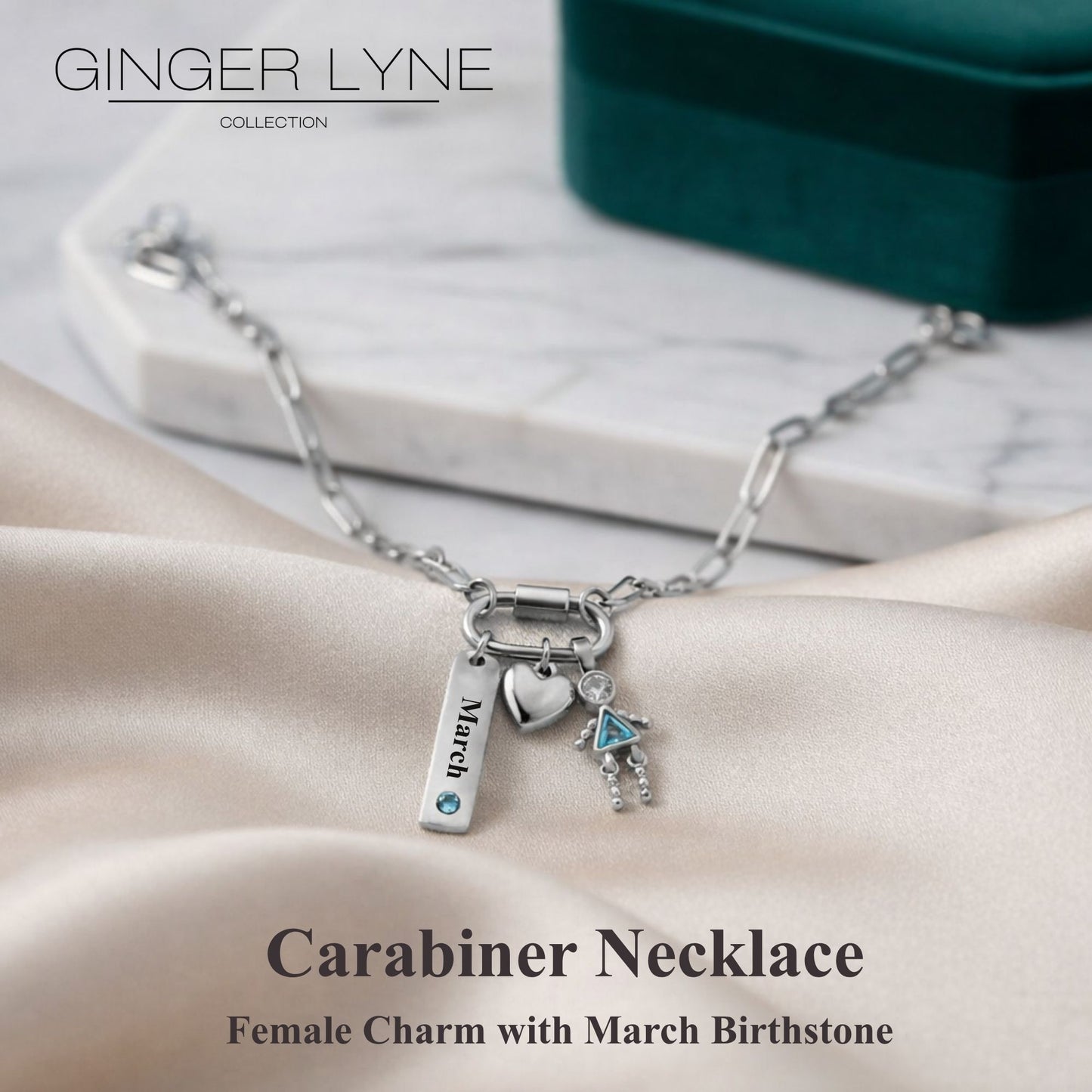 Carabiner Family Birthstone Necklace for Mom or Grandma by Ginger Lyne Stainless Steel CZ Birthday Charms_Female-March-Silver-2