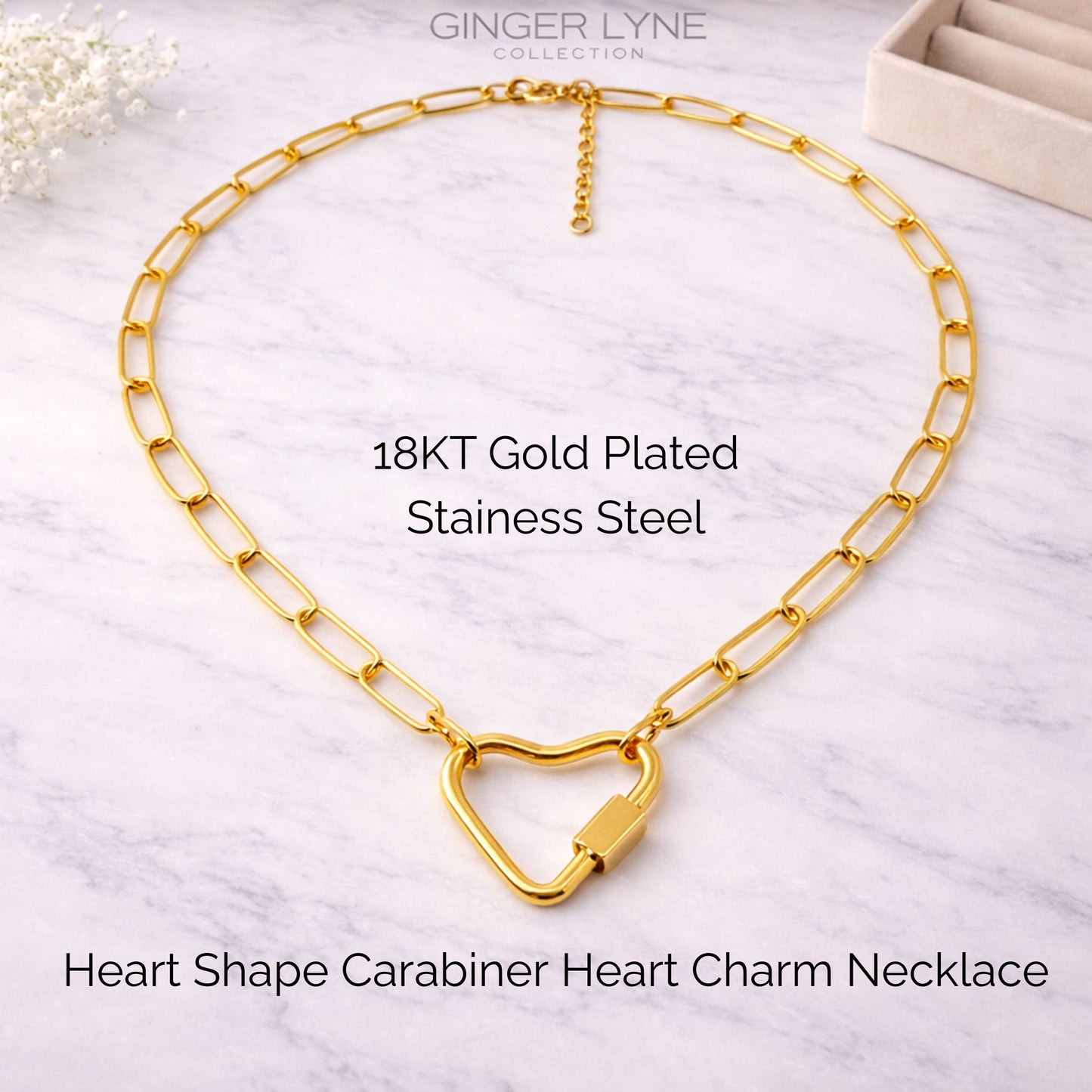 Heart Carabiner Charm Holder Necklace for Women by Ginger Lyne Paperclip Chain 18KT Gold Plated Stainless Steel 18-20" - Gold-PaperclipChain/Heart CH