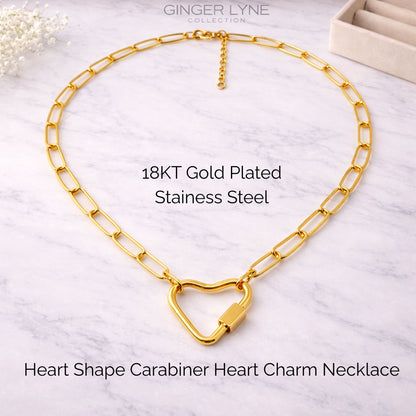 Heart Carabiner Charm Holder Necklace for Women by Ginger Lyne Paperclip Chain 18KT Gold Plated Stainless Steel 18-20" - Gold-PaperclipChain/Heart CH