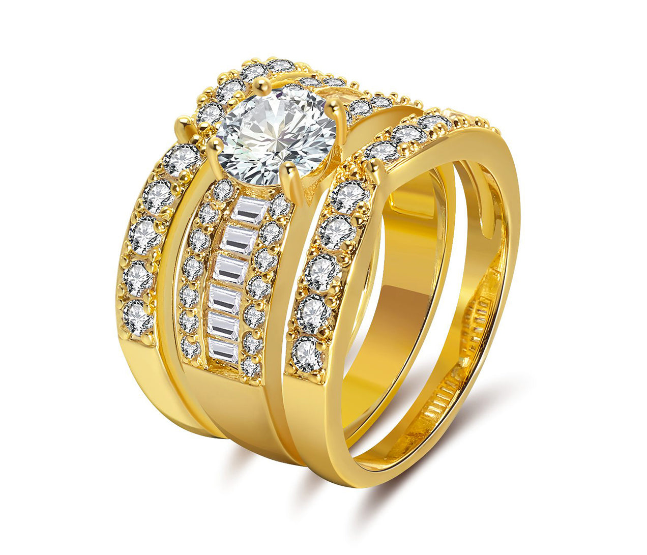 Enchanment Bridal Set 3pcs Cz Engagement Ring Band Womens Ginger Lyne Collection - gold,12