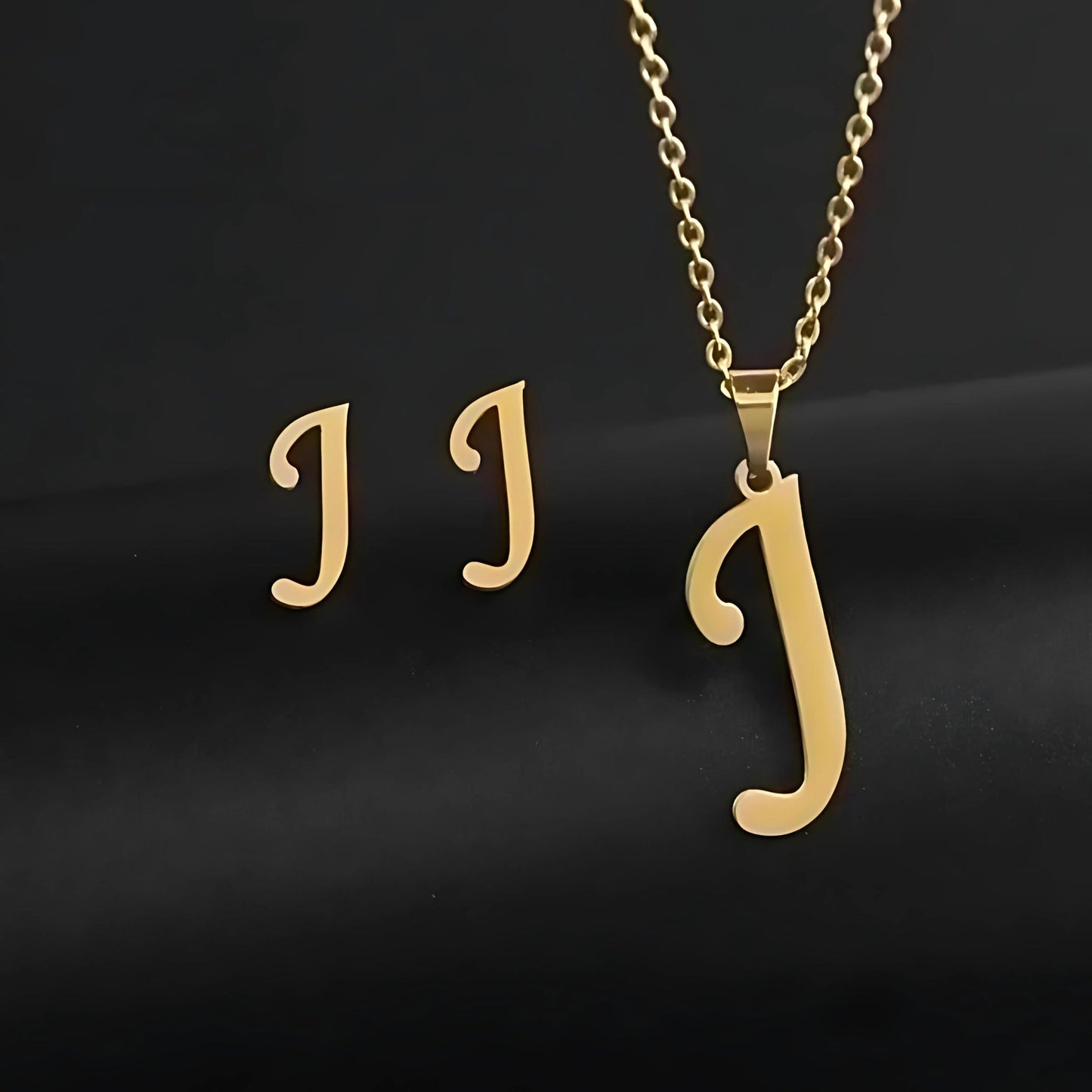 Initial Letter Pendant Necklace Earrings Set for Women Gold Plated Stainless Steel by Ginger Lyne - j