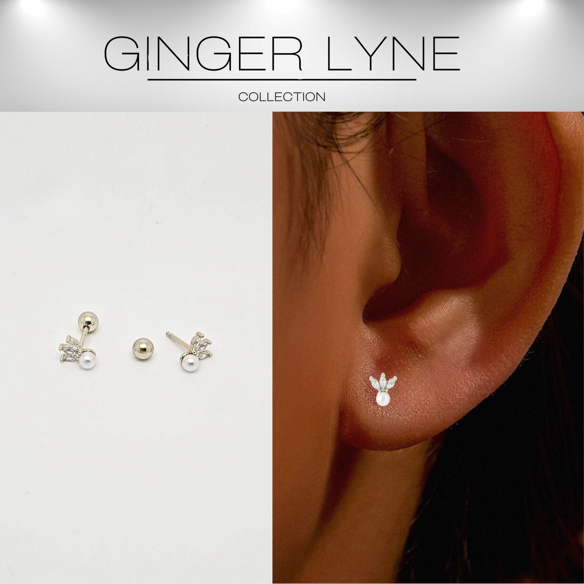 Marquise CZ Flat Back Earrings 18g for Cartilage Helix Tragus Lobe Gold Plated Sterling Silver 1 pair by Ginger Lyne - Silver