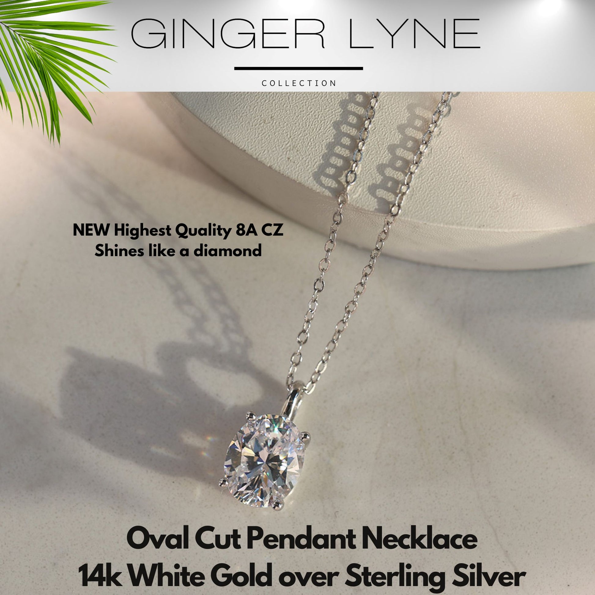 Oval Solitaire Necklace for Women Sterling Silver 2.5 Ct 8A Cubic Zirconia Pendant 18" Chain by Ginger Lyne - Silver