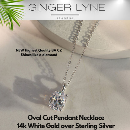 Oval Solitaire Necklace for Women Sterling Silver 2.5 Ct 8A Cubic Zirconia Pendant 18" Chain by Ginger Lyne - Silver