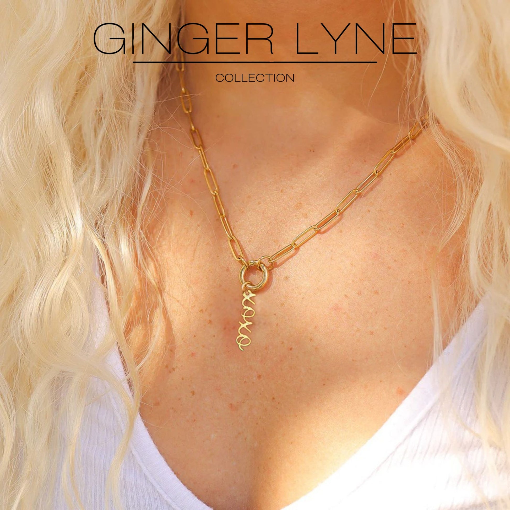 Ginger Lyne Paperclip Chain Carabiner Charm Holder Necklace Hugs and Kisses Charm for Women Stainless Steel 18-20" - Silver Tone