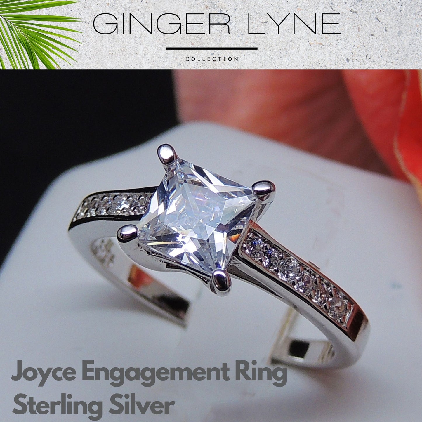 Princess Cut Cz Engagement Ring for Women Sterling Silver Wedding Ring for Her Ginger Lyne