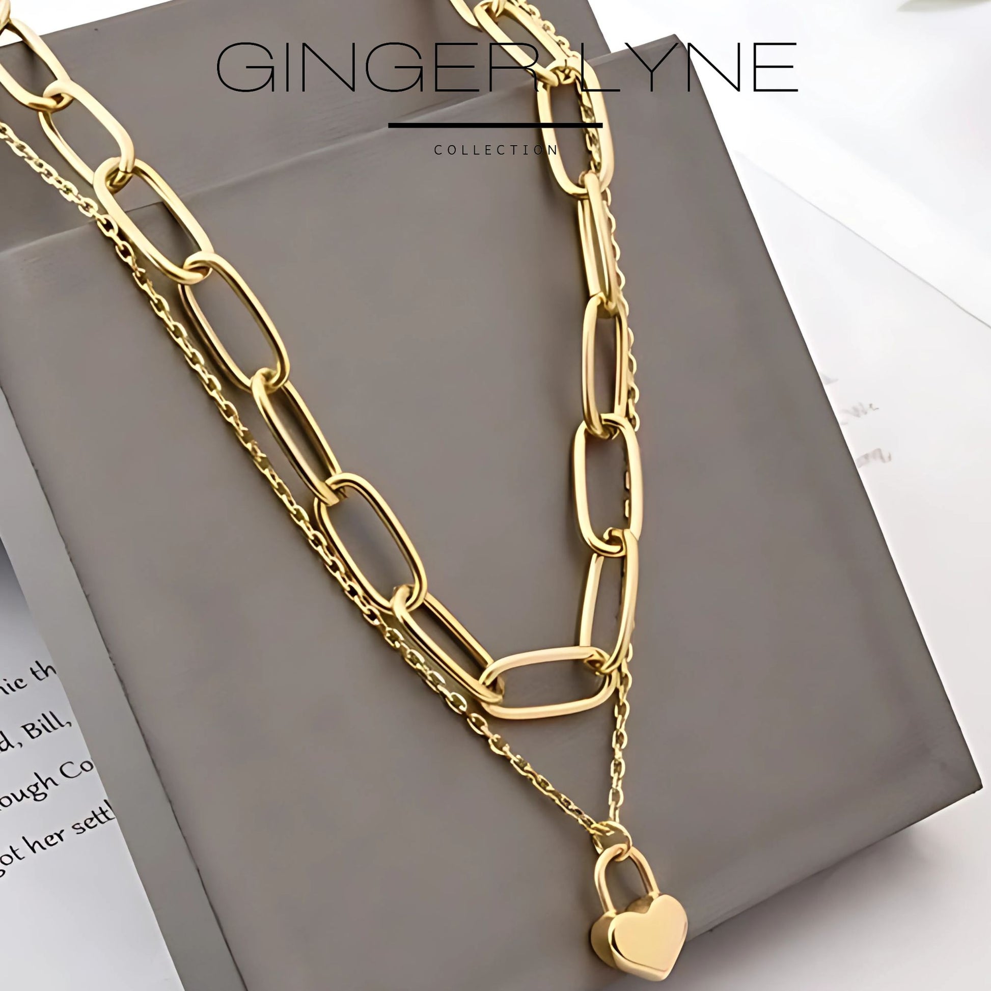 PaperclipChainLayeredNecklaceforWomenHeartLockPendantGoldoverStainlessSteelAdjustableupto21"_Necklace-Gold-2