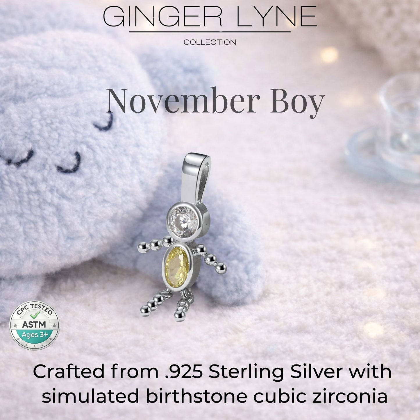 Baby Boy Birthstone Charm Children Pendants for Mom or Grandma Necklace by Ginger Lyne CZ Sterling Silver - Boy November