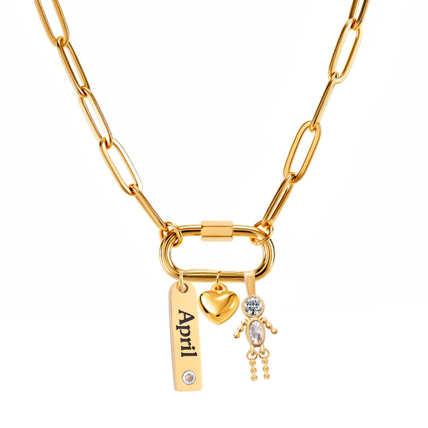 CarabinerFamilyBirthstoneNecklaceforMomorGrandmabyGingerLyneStainlessSteelCZBirthdayCharms_Male-April-Gold-1