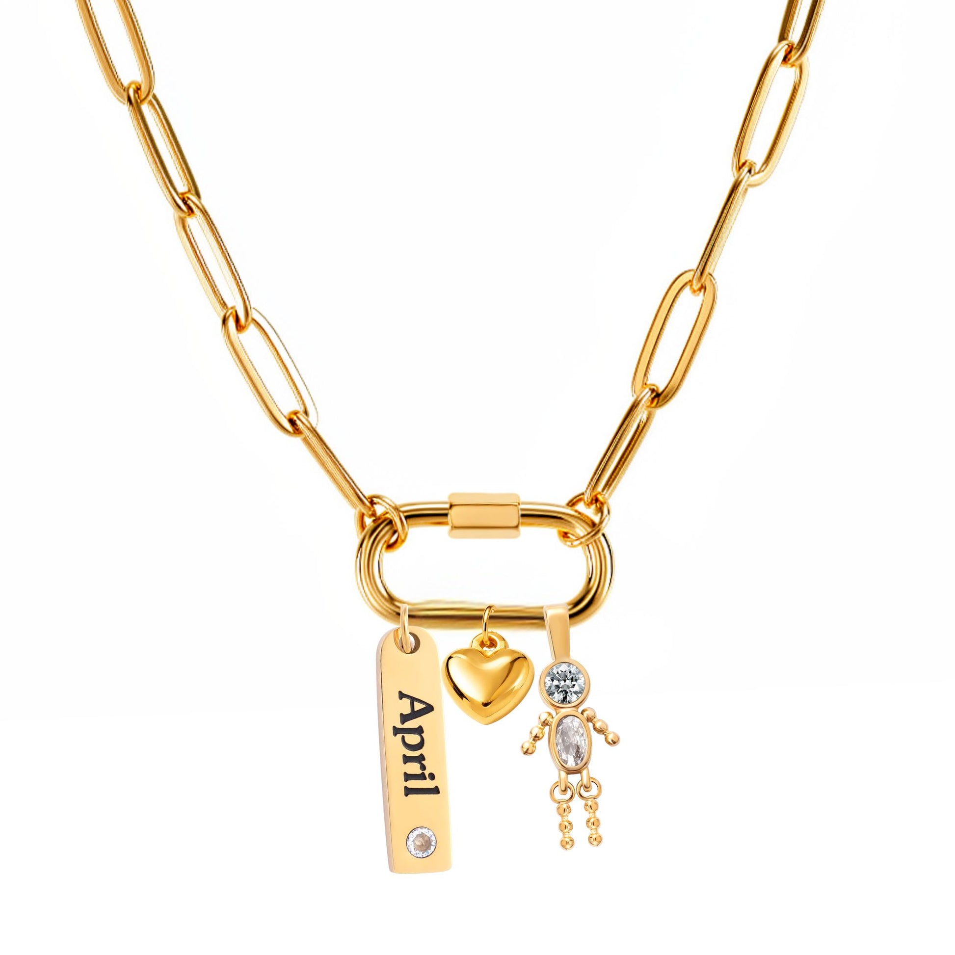 CarabinerFamilyBirthstoneNecklaceforMomorGrandmabyGingerLyneStainlessSteelCZBirthdayCharms_Male-April-Gold-1
