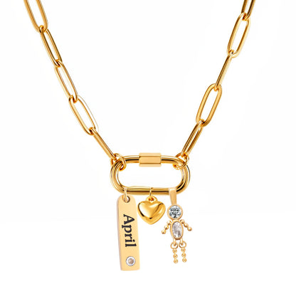 CarabinerFamilyBirthstoneNecklaceforMomorGrandmabyGingerLyneStainlessSteelCZBirthdayCharms_Male-April-Gold-1