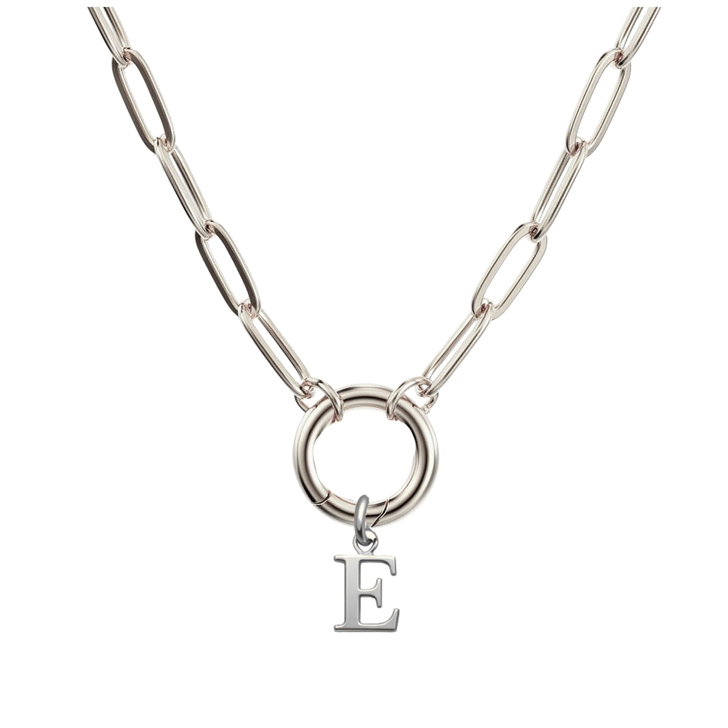 PaperclipLinkCircleCarabinerIntialLetterCharmHolderNecklaceforWomenStainlessSteel20"GingerLyne_Silver-E-1