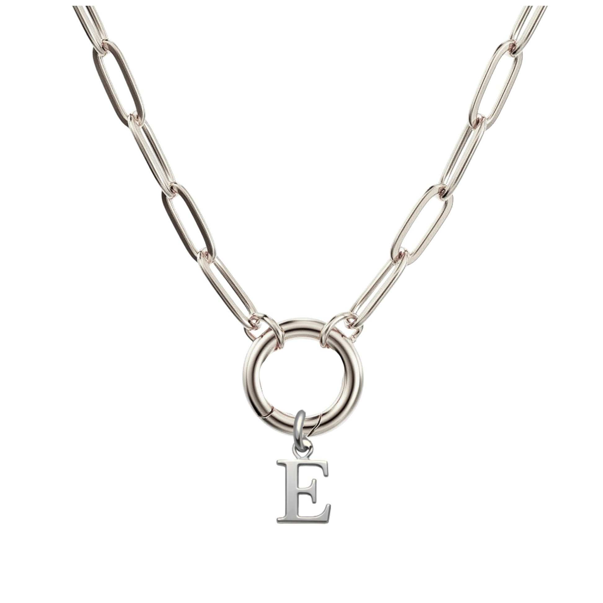 PaperclipLinkCircleCarabinerIntialLetterCharmHolderNecklaceforWomenStainlessSteel20"GingerLyne_Silver-E-1