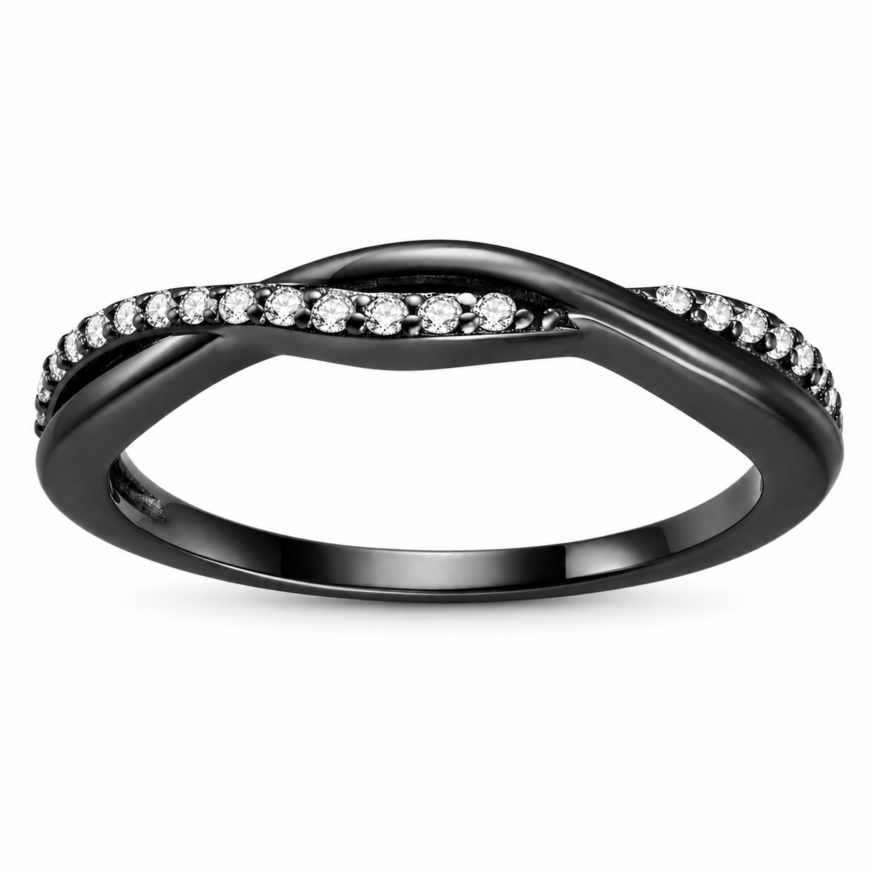 QueenaBlackRhodiumPlatedSterlingSilverWeddingBandClearCubicZirconiaHalfEternityTwistRingSize14forWomenbyGingerLyne_BlackClearStones-1