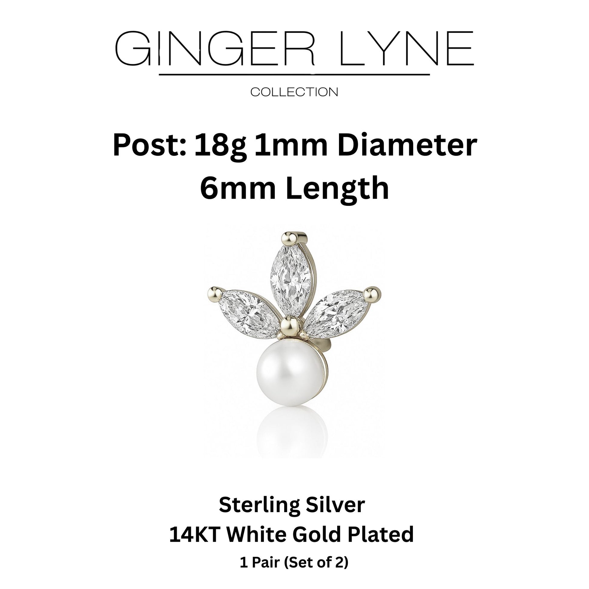 Marquise CZ Flat Back Earrings 18g for Cartilage Helix Tragus Lobe Gold Plated Sterling Silver 1 pair by Ginger Lyne - Silver