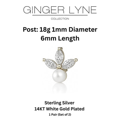 Marquise CZ Flat Back Earrings 18g for Cartilage Helix Tragus Lobe Gold Plated Sterling Silver 1 pair by Ginger Lyne - Silver
