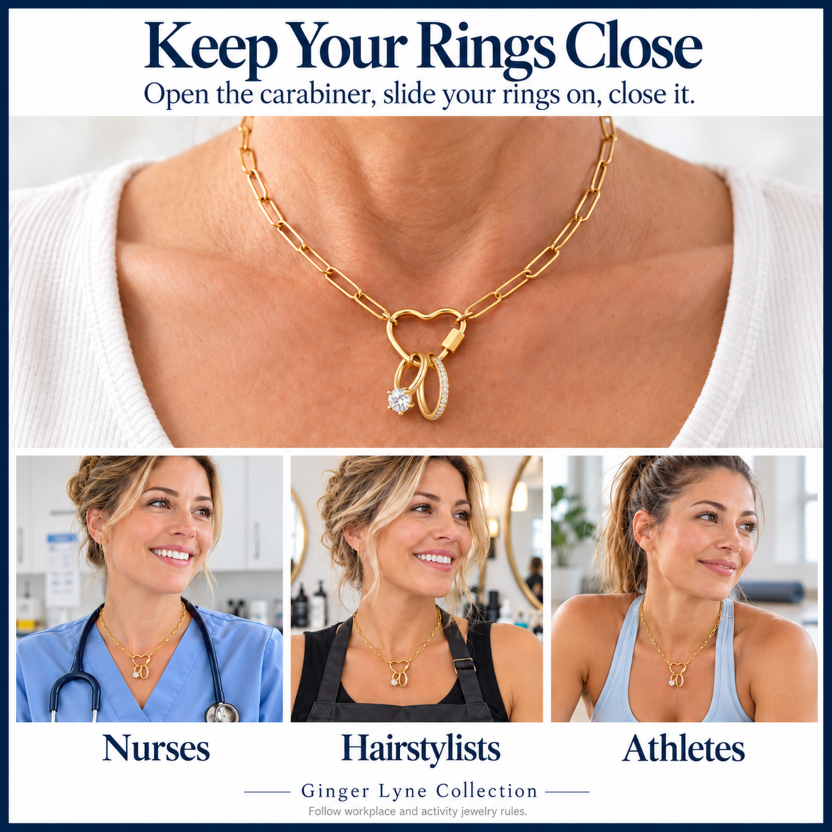 Gold Plated Heart Carabiner Charm Holder Necklace Paperclip Chain 22mm Heart Clasp 18-20 Inch Stainless Steel by Ginger Lyne - Gold-PaperclipChain/Heart CH