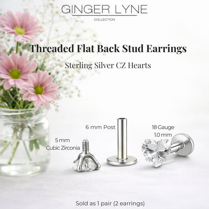 GingerLyneSolitaireHeartFlatBackStudEarringsSterlingSilverCubicZirconiaBodyJewelry_Silver-5mmCZ-18G-6mmPost-3