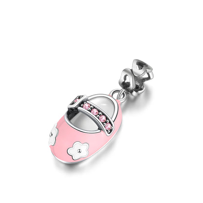 Baby Shoe Charm European Style Blue or Pink Sterling Silver CZ Ginger Lyne Collection - Pink